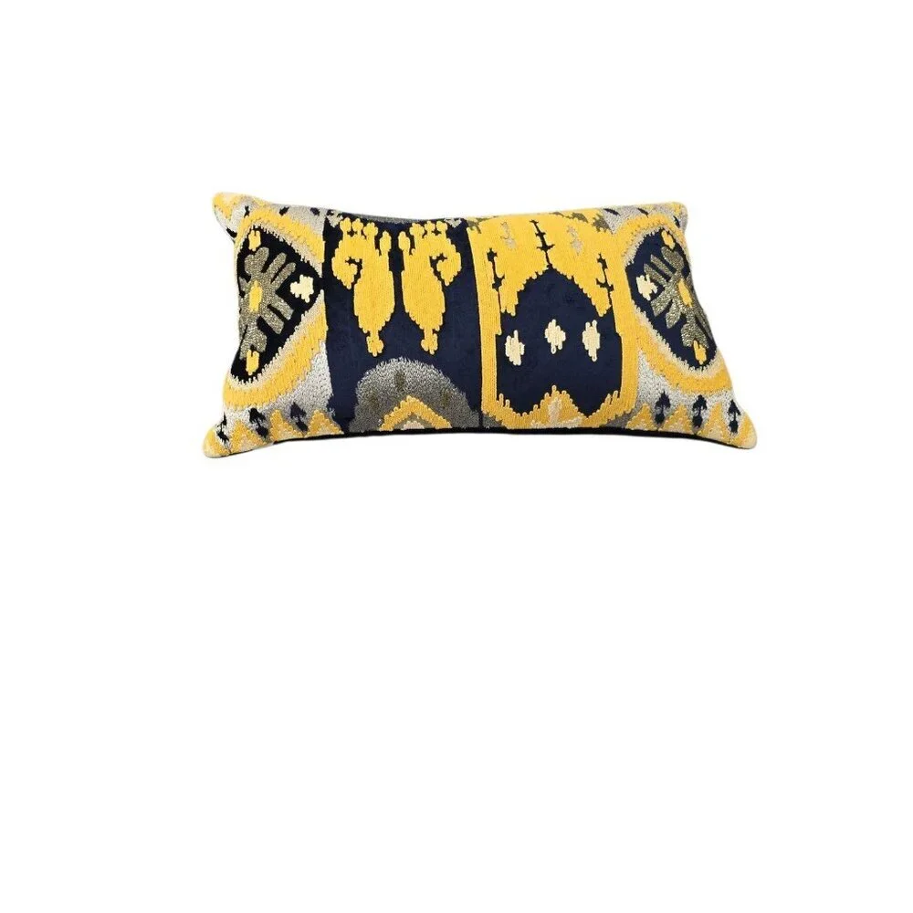 CALLISTO HOME COASTAL MODERN IKAT METALLIC VELVET PILLOW FEATHER DOWN 22X12